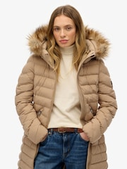 Superdry Brown Fuji Faux Fur Hooded Longline Coat - Image 4 of 7