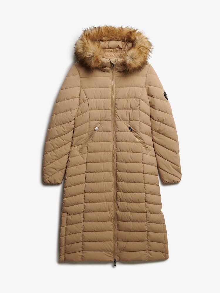 Superdry Brown Fuji Faux Fur Hooded Longline Coat - Image 7 of 7 Superdry Brown Fuji Faux Fur Hooded Longline Coat - Image 7 of 7