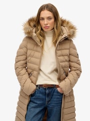 Superdry Brown Fuji Faux Fur Hooded Longline Coat - Image 9 of 16
