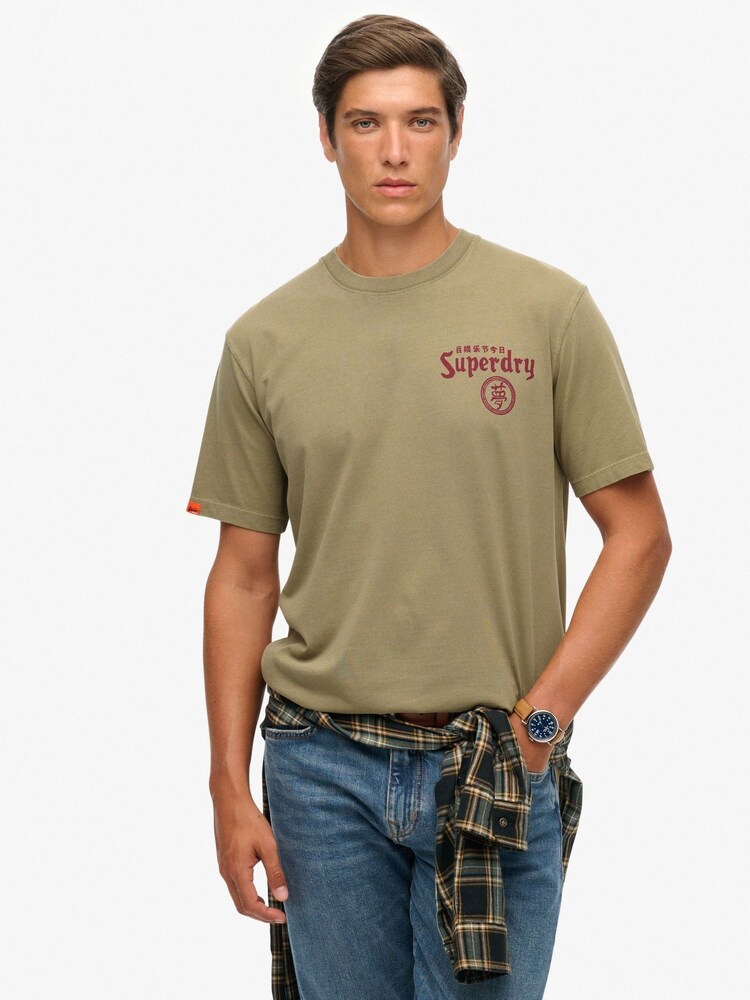 Superdry Light Khaki Green Tokyo Narrative Loose T-Shirt - Image 1 of 6 Superdry Light Khaki Green Tokyo Narrative Loose T-Shirt - Image 1 of 6
