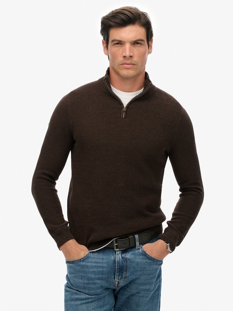 Superdry Brown Cotton Texture Half-Zip Jumper - Image 1 of 6