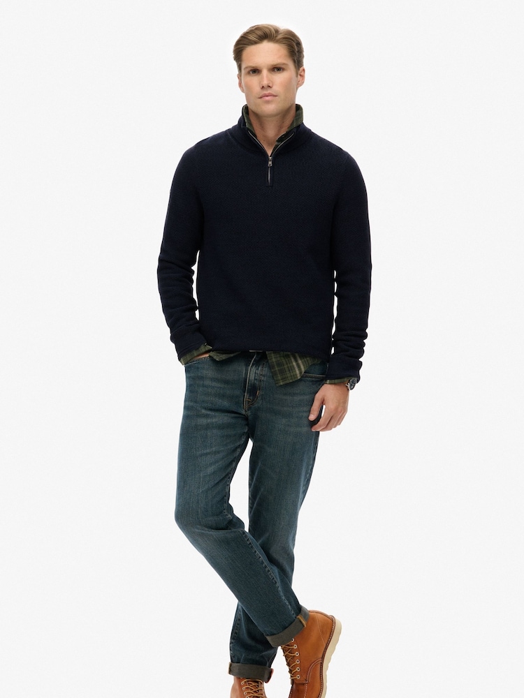 Superdry Blue Cotton Texture Half-Zip Jumper - Image 2 of 5 Superdry Blue Cotton Texture Half-Zip Jumper - Image 2 of 5