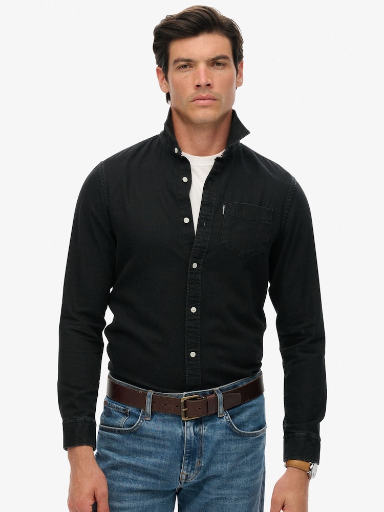 Superdry Black Essential Long Sleeve Denim Shirt - Image 1 of 5 Superdry Black Essential Long Sleeve Denim Shirt - Image 1 of 5