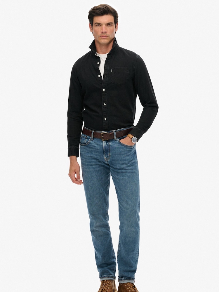 Superdry Black Essential Long Sleeve Denim Shirt - Image 2 of 5 Superdry Black Essential Long Sleeve Denim Shirt - Image 2 of 5