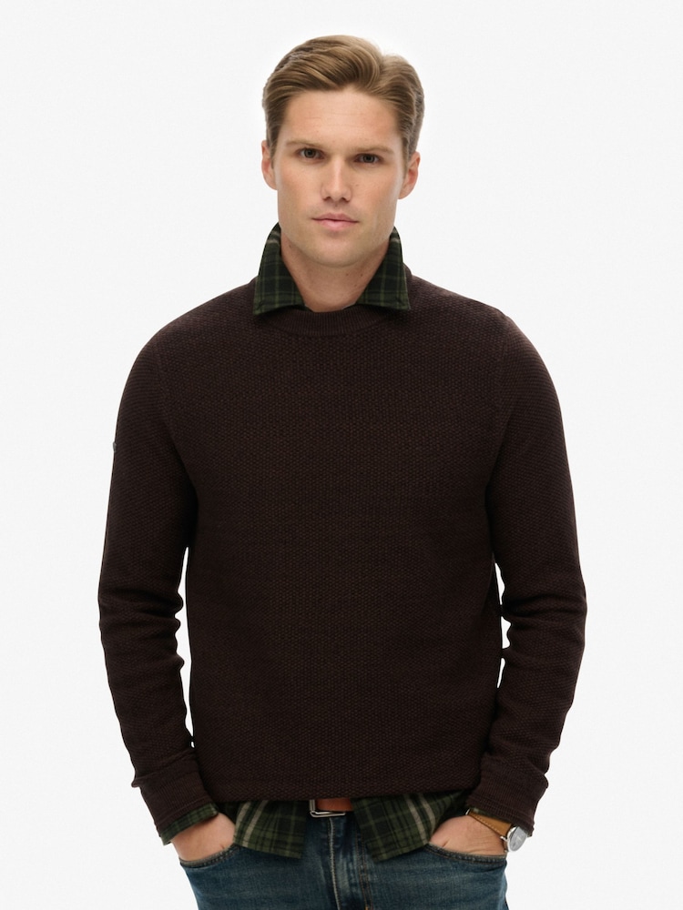 Superdry Brown Light Weight Cotton Texture Jumper - Image 1 of 4 Superdry Brown Light Weight Cotton Texture Jumper - Image 1 of 4