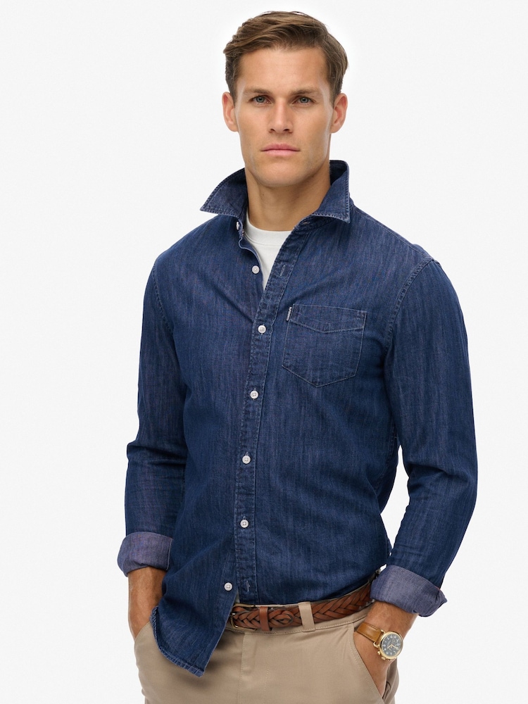 Superdry Blue Essential Long Sleeve Denim Shirt - Image 1 of 5 Superdry Blue Essential Long Sleeve Denim Shirt - Image 1 of 5