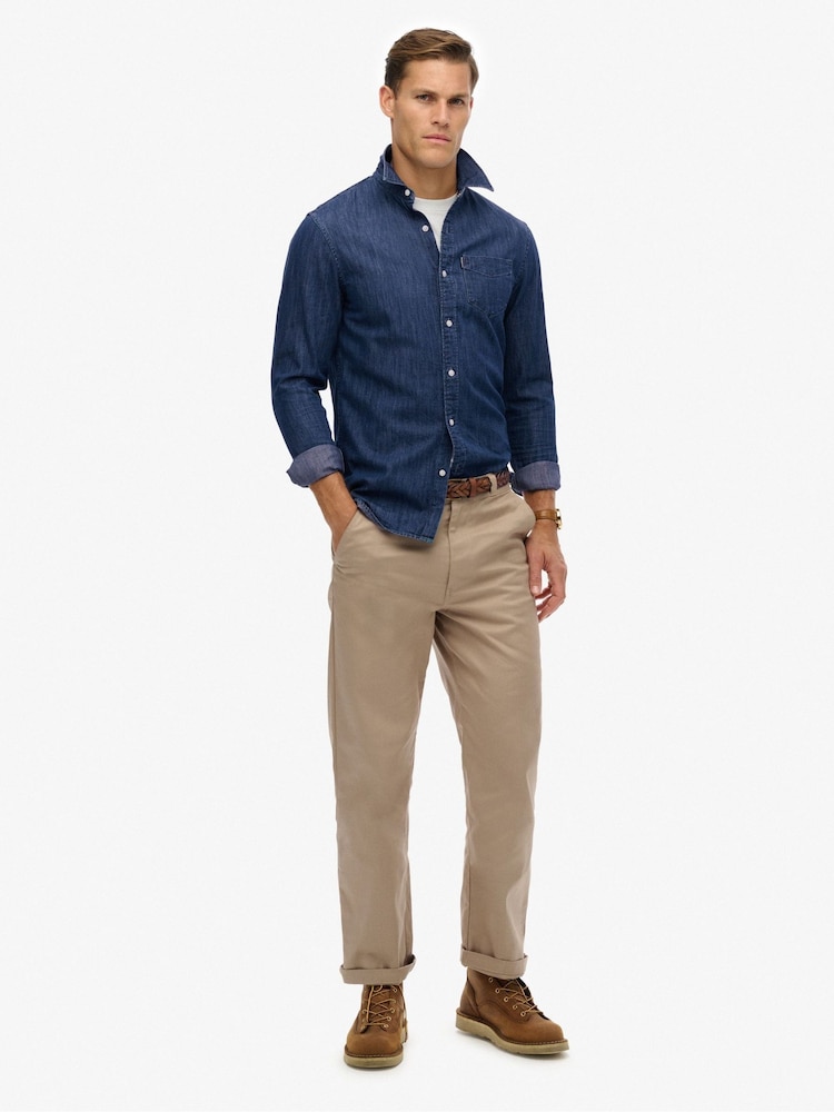 Superdry Blue Essential Long Sleeve Denim Shirt - Image 2 of 5 Superdry Blue Essential Long Sleeve Denim Shirt - Image 2 of 5