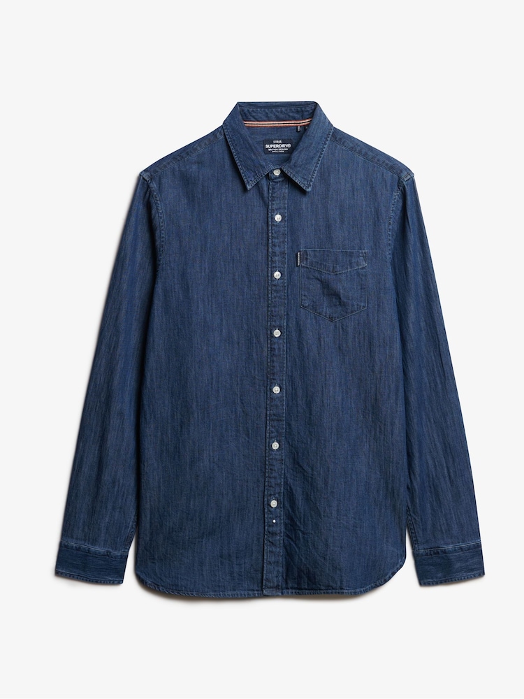 Superdry Blue Essential Long Sleeve Denim Shirt - Image 5 of 5 Superdry Blue Essential Long Sleeve Denim Shirt - Image 5 of 5