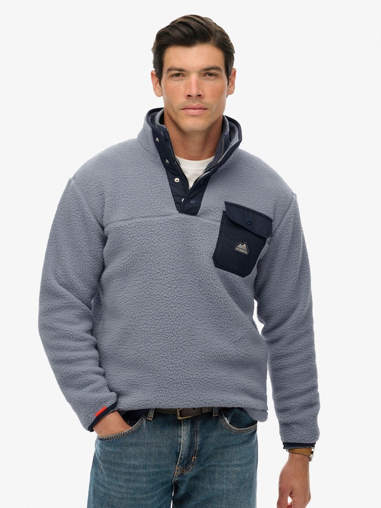 Superdry Blakish Blue Fuji Fleece Half Popper Jumper - Image 1 of 5 Superdry Blakish Blue Fuji Fleece Half Popper Jumper - Image 1 of 5