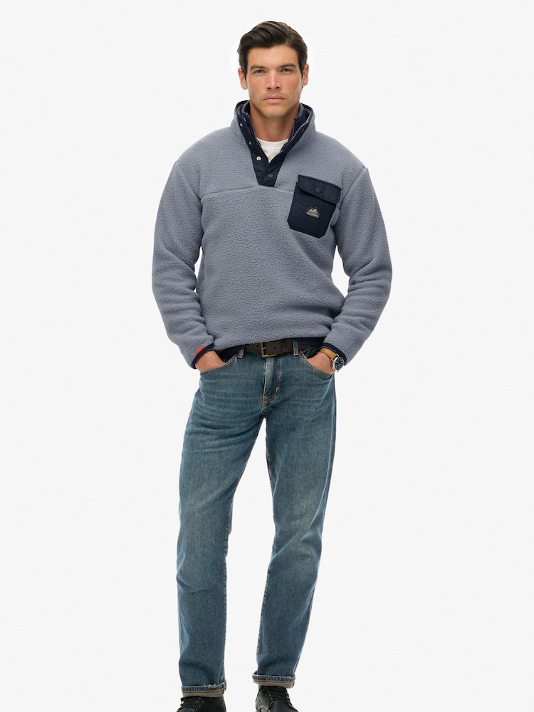 Superdry Blakish Blue Fuji Fleece Half Popper Jumper - Image 2 of 5 Superdry Blakish Blue Fuji Fleece Half Popper Jumper - Image 2 of 5