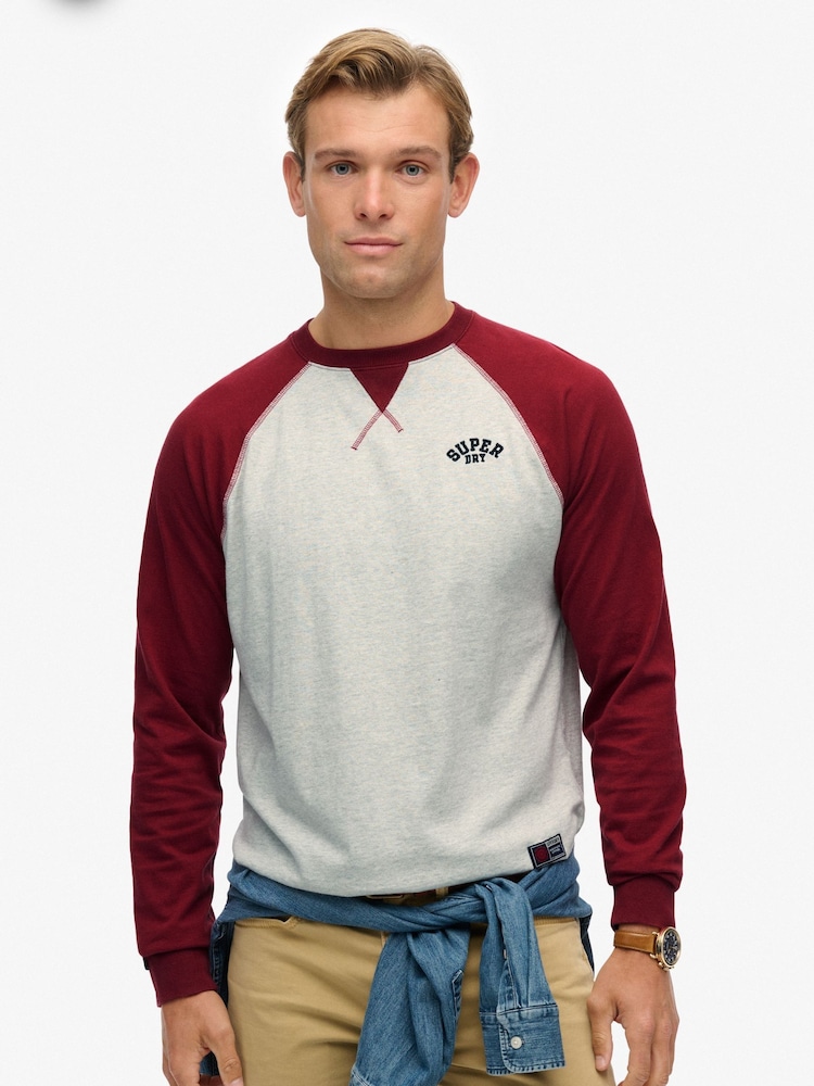 Superdry Grey Grindle/Rich Burgundy Vintage Athletic Baseball Top - Image 1 of 5 Superdry Grey Grindle/Rich Burgundy Vintage Athletic Baseball Top - Image 1 of 5