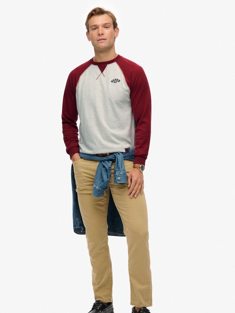 Superdry Grey Grindle/Rich Burgundy Vintage Athletic Baseball Top - Image 2 of 5 Superdry Grey Grindle/Rich Burgundy Vintage Athletic Baseball Top - Image 2 of 5