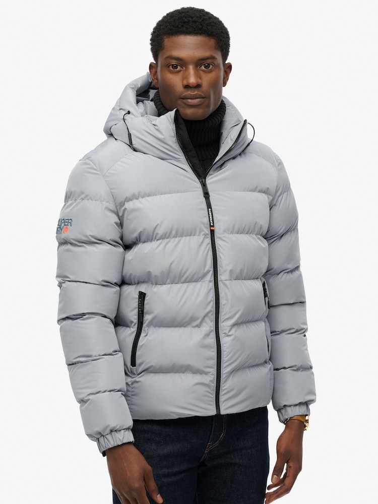 Superdry Light Blue Hooded Sports Puffer Jacket - Image 1 of 7