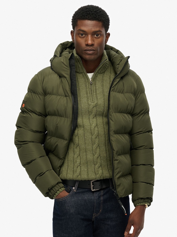 Superdry Green Hooded Sports Puffer Jacket - Image 1 of 7