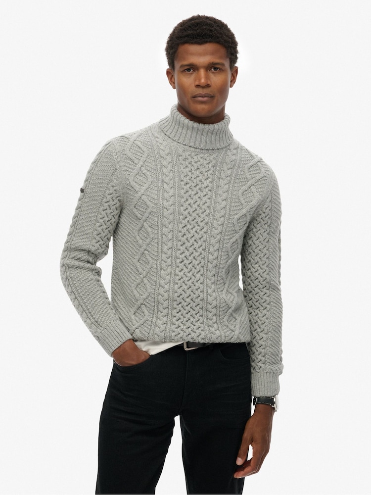 Superdry Grey Jacob Cable Roll Neck Jumper - Image 1 of 5 Superdry Grey Jacob Cable Roll Neck Jumper - Image 1 of 5