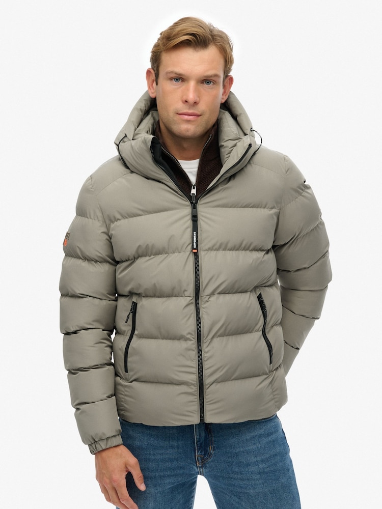 Superdry Light Khaki Green Hooded Sports Puffer Jacket - Image 2 of 7 Superdry Light Khaki Green Hooded Sports Puffer Jacket - Image 2 of 7