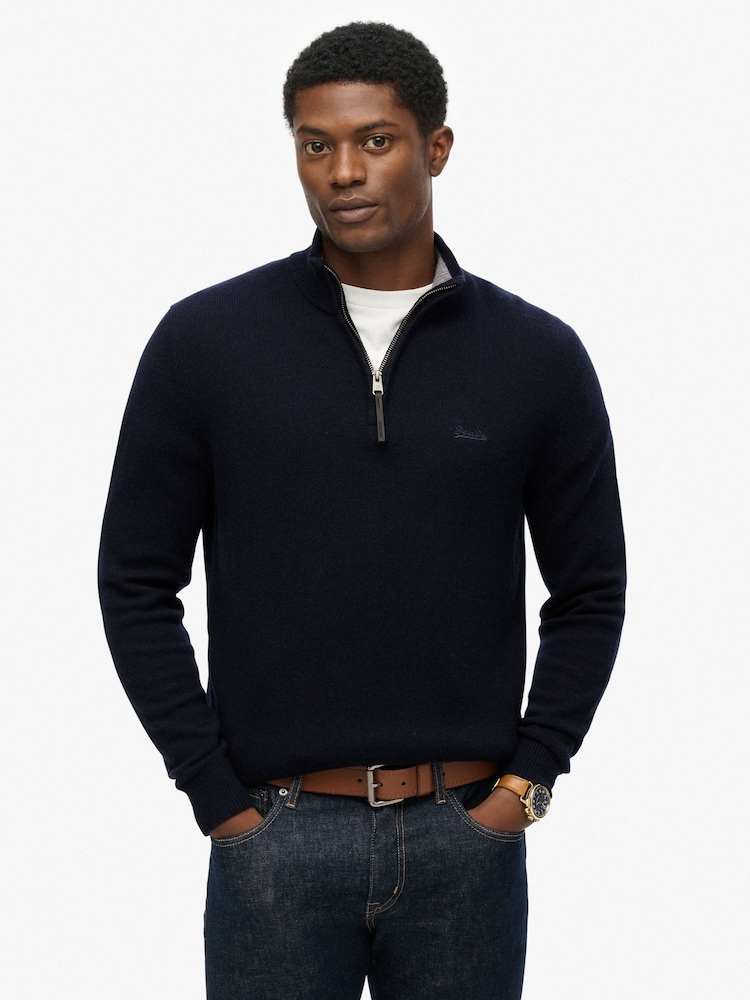 Superdry Blue Wool Blend Half Zip Jumper - Image 1 of 6