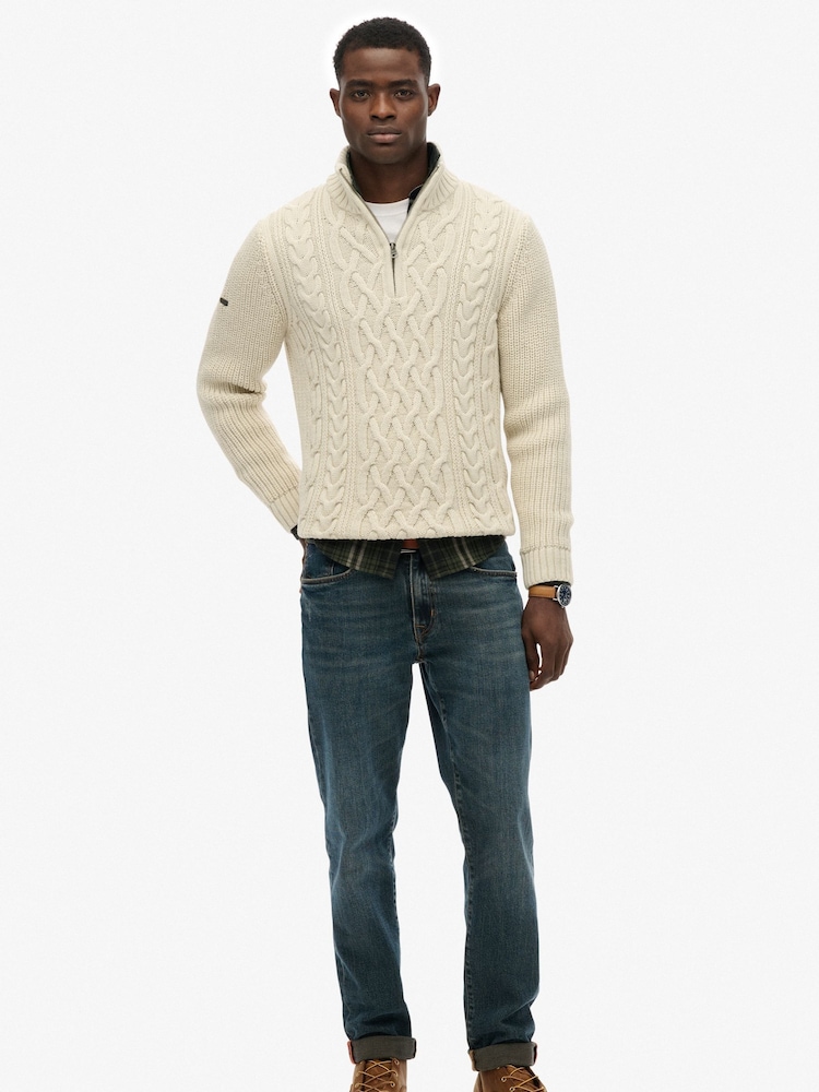 Superdry Cream Jacob Cable Knit Half Zip Jumper - Image 2 of 7 Superdry Cream Jacob Cable Knit Half Zip Jumper - Image 2 of 7