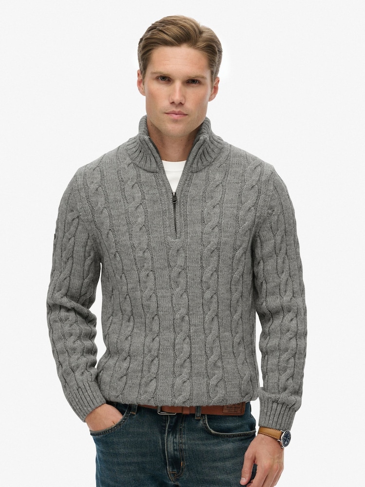 Superdry Grey Jacob Cable Knit Half Zip Jumper - Image 1 of 6 Superdry Grey Jacob Cable Knit Half Zip Jumper - Image 1 of 6