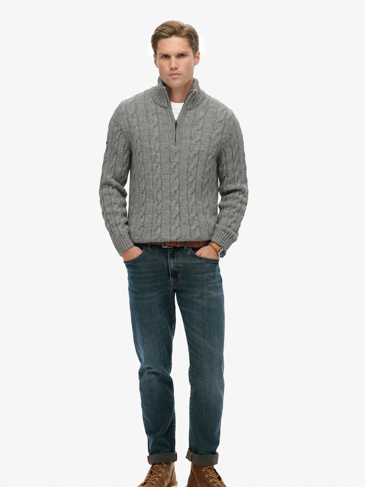 Superdry Grey Jacob Cable Knit Half Zip Jumper - Image 2 of 6 Superdry Grey Jacob Cable Knit Half Zip Jumper - Image 2 of 6