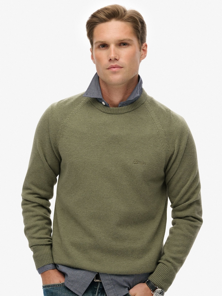 Superdry Light Sage Wool Blend Jumper - Image 1 of 7 Superdry Light Sage Wool Blend Jumper - Image 1 of 7