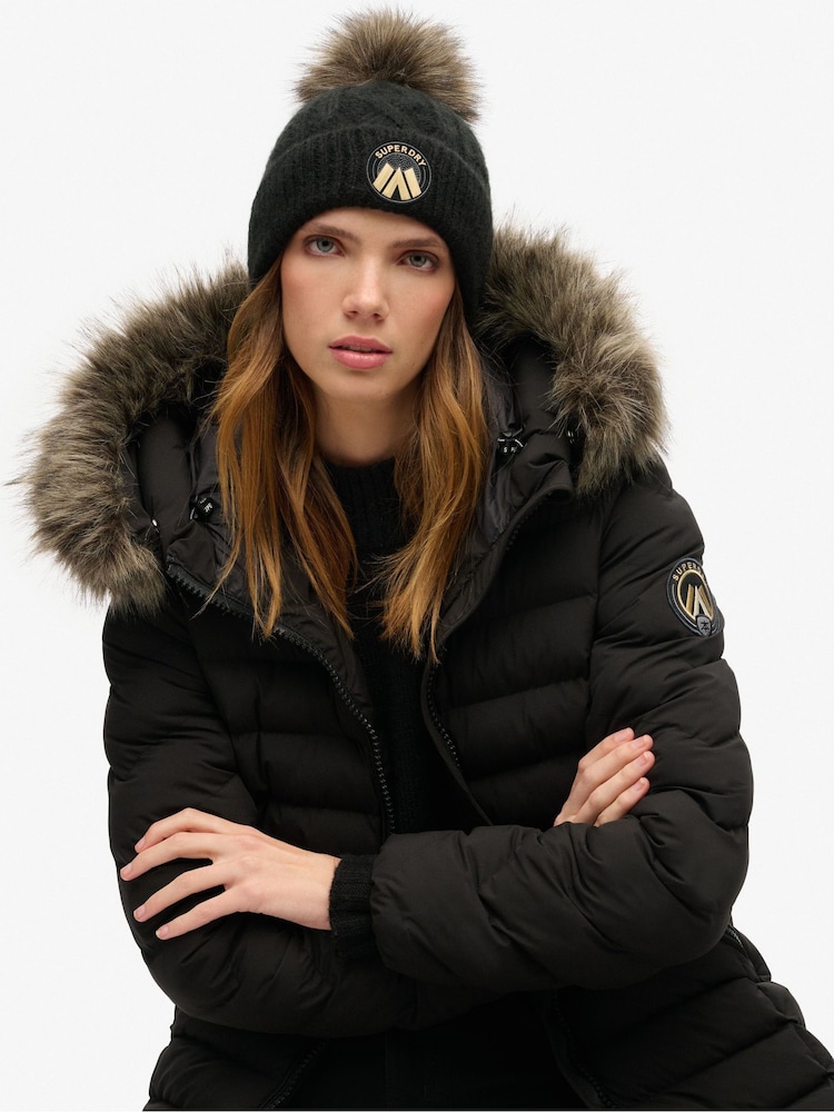 Superdry Black Cable Luxe Knit 100% Cotton Beanie Hat - Image 1 of 4