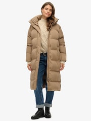Superdry Brown Longline Hooded Puffer Jacket - Image 1 of 6
