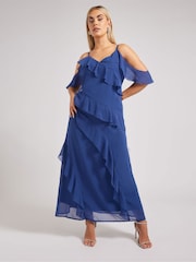 Yours Curve Blue London Ruffle Cold Shoulder Cami Dress - Image 1 of 6