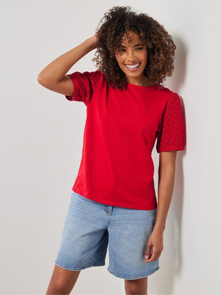 M&Co Red Broderie Puff Sleeve 100% Cotton T-Shirt - Image 1 of 5