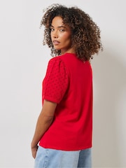 M&Co Red Broderie Puff Sleeve 100% Cotton T-Shirt - Image 2 of 5