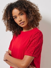 M&Co Red Broderie Puff Sleeve 100% Cotton T-Shirt - Image 3 of 5