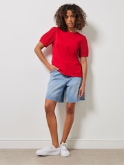 M&Co Red Broderie Puff Sleeve 100% Cotton T-Shirt - Image 4 of 5