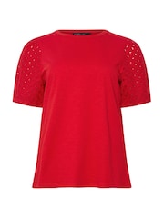 M&Co Red Broderie Puff Sleeve 100% Cotton T-Shirt - Image 5 of 5