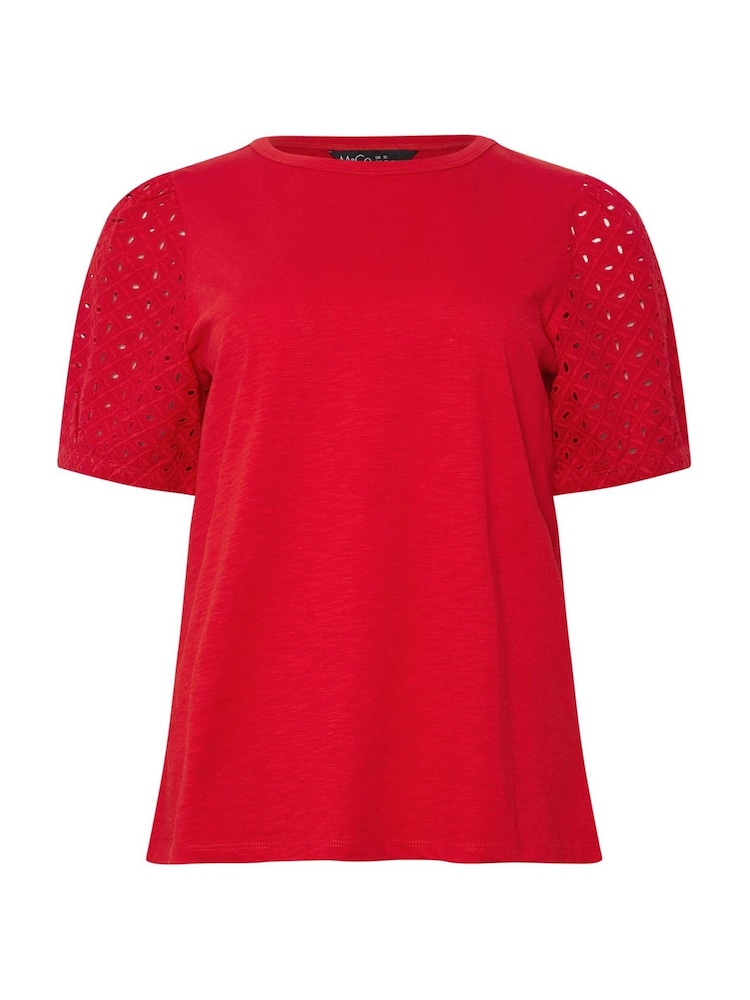 M&Co Red Broderie Puff Sleeve 100% Cotton T-Shirt - Image 5 of 5
