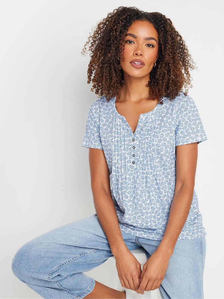 M&Co Light Blue Shells Short Sleeve 100% Cotton Henley Top - Image 1 of 5 M&Co Light Blue Shells Short Sleeve 100% Cotton Henley Top - Image 1 of 5