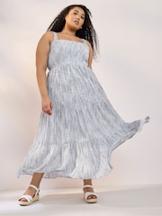 Yours Curve Blue Tiered Shirred 100% Cotton Sundress - Image 1 of 5