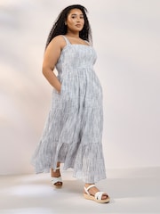 Yours Curve Blue Tiered Shirred 100% Cotton Sundress - Image 2 of 5