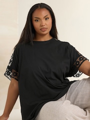 Negro - Yours Curve Boxy Crochet Insert 100% Cotton T-Shirt - Imagen 1 de 4