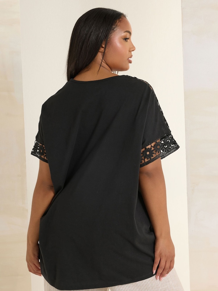Yours Curve Black Boxy Crochet Insert 100% Cotton T-Shirt - Image 2 of 3