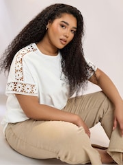 Blanco - Yours Curve Boxy Crochet Insert 100% Cotton T-Shirt - Imagen 1 de 4