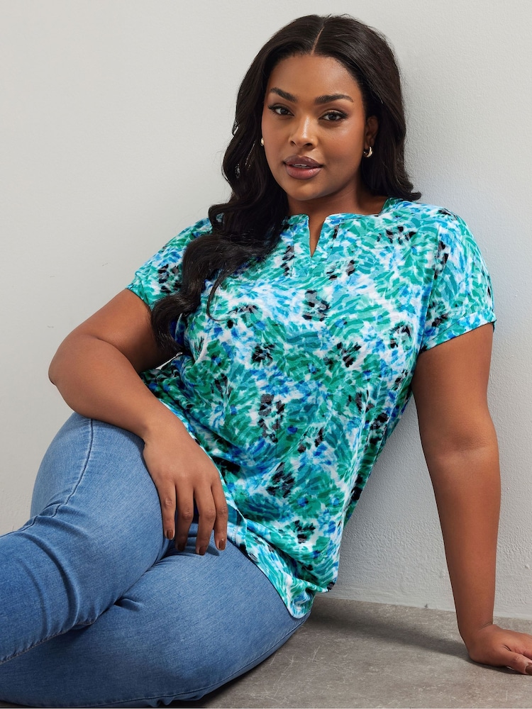 Yours Curve Blue Floral Burn Out Top - Image 1 of 5