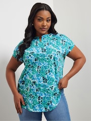 Yours Curve Blue Floral Burn Out Top - Image 2 of 5