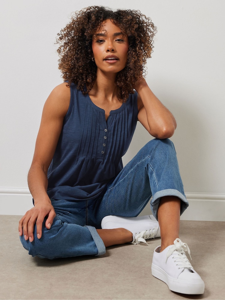 M&Co Blue Sleeveless 100% Cotton Henley Vest - Image 1 of 5