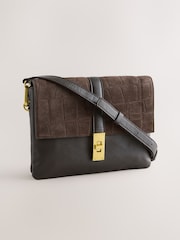 Chocolate Brown Leather Croc Effect Cross-Body Bag - Image 1 of 10