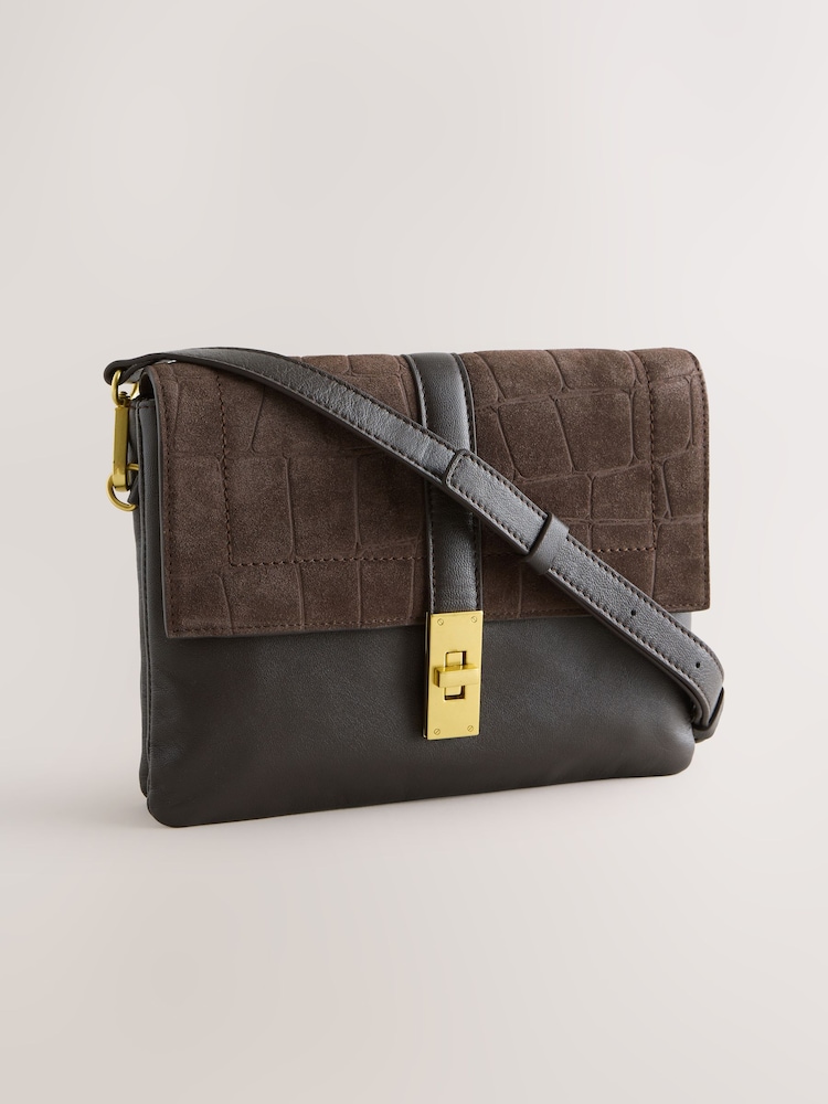 Chocolate Brown Leather Croc Effect Cross-Body Bag - Image 1 of 10