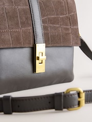 Chocolate Brown Leather Croc Effect Cross-Body Bag - Image 4 of 10
