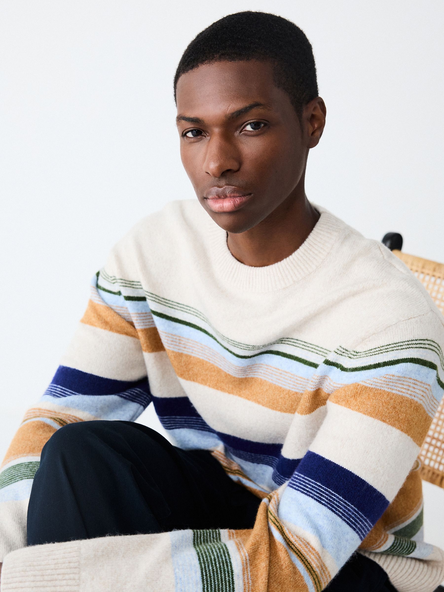 Buy Ecru White Regular Fit Cosy Stripe Crew Jumper with Wool from