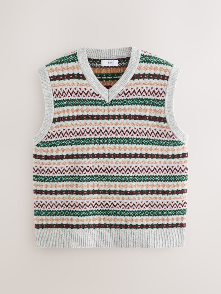 Light Grey Multi Relaxed Fit Fairisle Pattern Knitted V-Neck Vest with Wool - Image 1 of 3