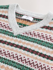 Light Grey Multi Relaxed Fit Fairisle Pattern Knitted V-Neck Vest with Wool - Image 3 of 3