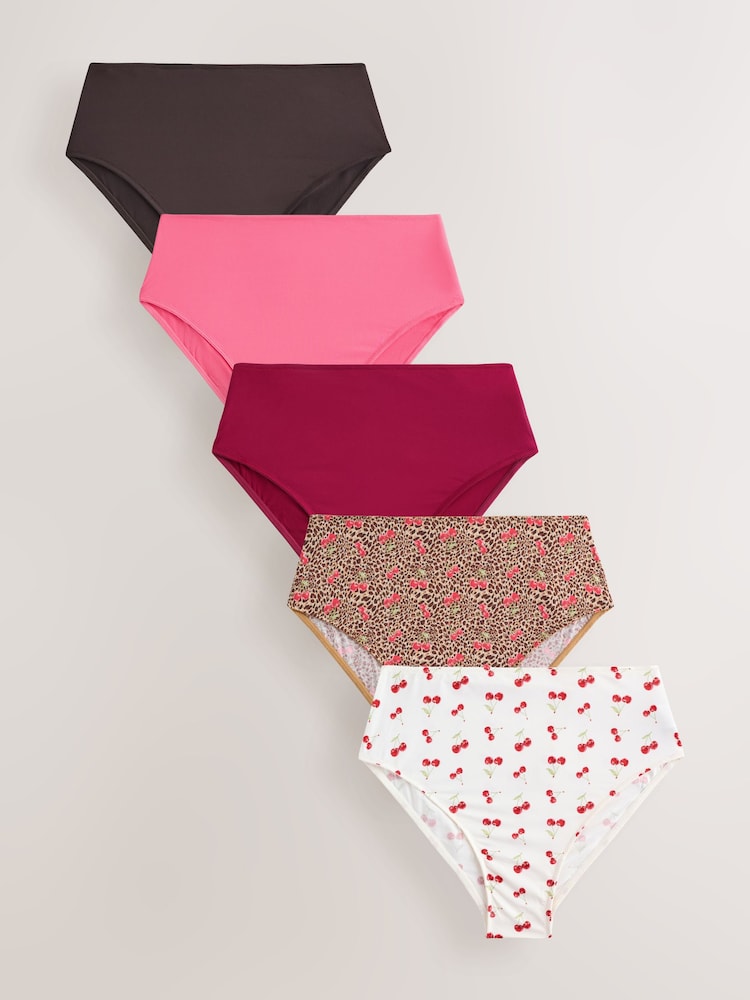 Leopard/Cherry Print High Rise High Leg Microfibre Knickers 5 Pack - Image 1 of 8 Leopard/Cherry Print High Rise High Leg Microfibre Knickers 5 Pack - Image 1 of 8